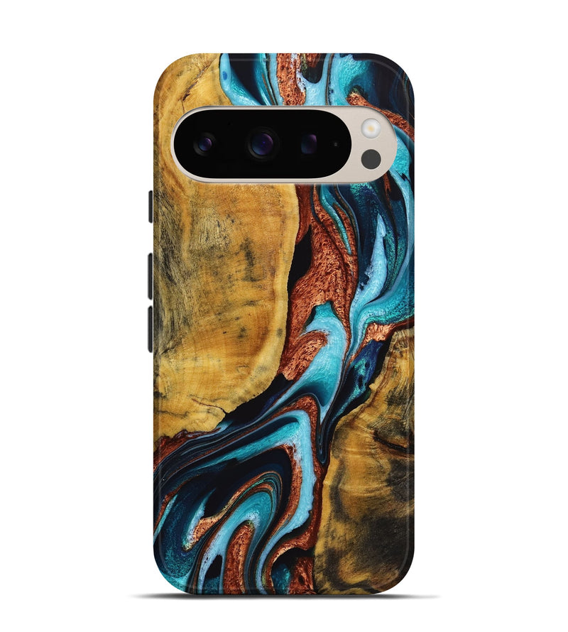 Pixel 9 Wood+Resin Live Edge Phone Case - Kizzy (Teal & Gold, 721101)