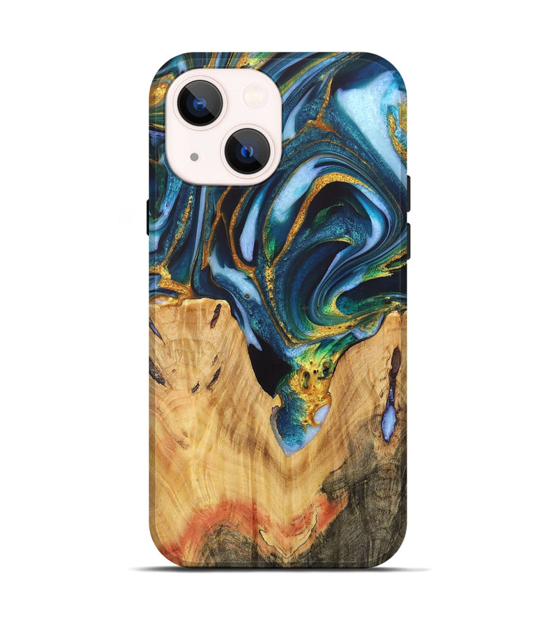 iPhone 14 Wood+Resin Live Edge Phone Case - Camden (Teal & Gold, 721184)