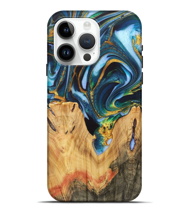 iPhone 15 Pro Max Wood+Resin Live Edge Phone Case - Camden (Teal & Gold, 721184)