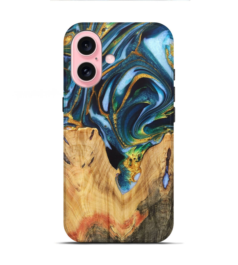 iPhone 16 Wood+Resin Live Edge Phone Case - Camden (Teal & Gold, 721184)