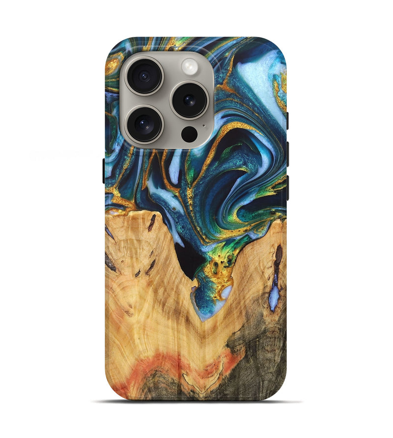 iPhone 16 Pro Wood+Resin Live Edge Phone Case - Camden (Teal & Gold, 721184)