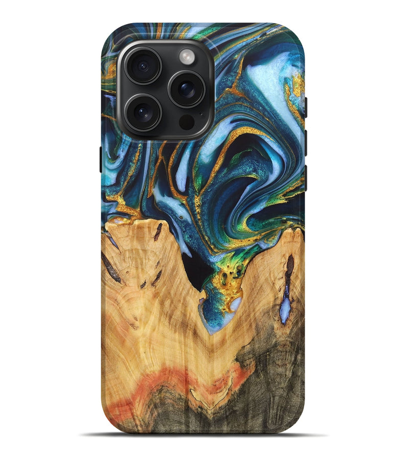 iPhone 16 Pro Max Wood+Resin Live Edge Phone Case - Camden (Teal & Gold, 721184)