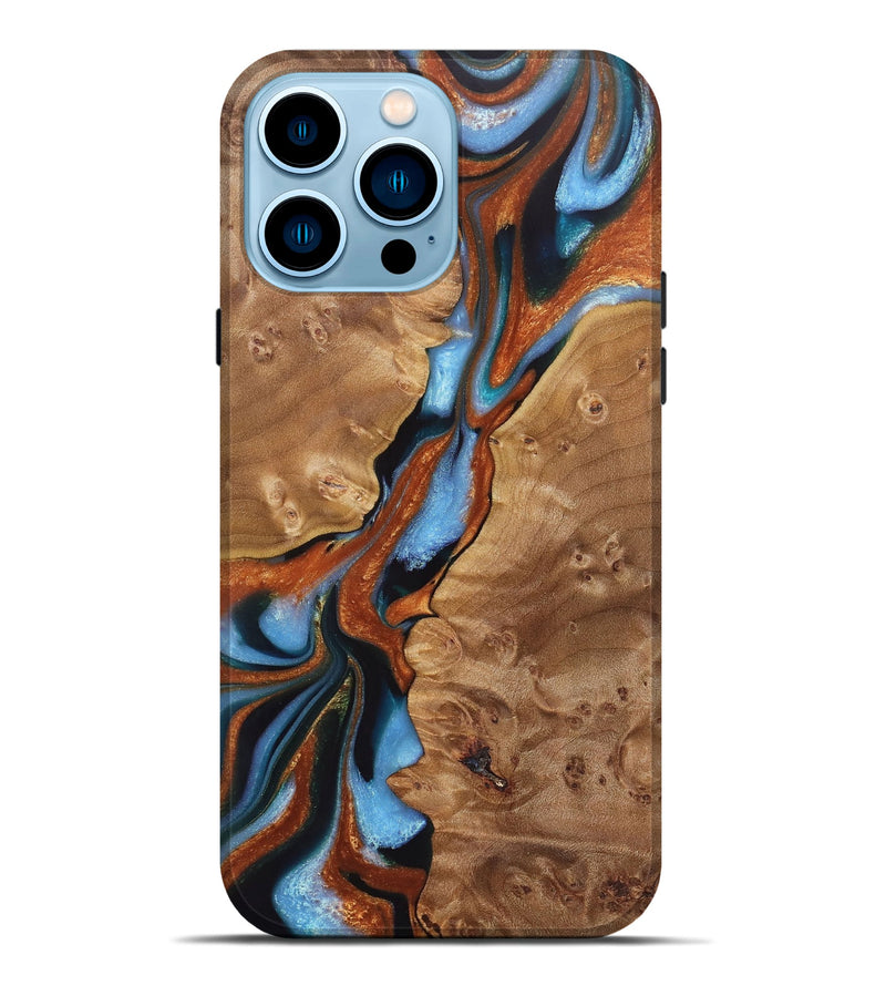 iPhone 14 Pro Max Wood+Resin Live Edge Phone Case - Stephen (Teal & Gold, 721185)