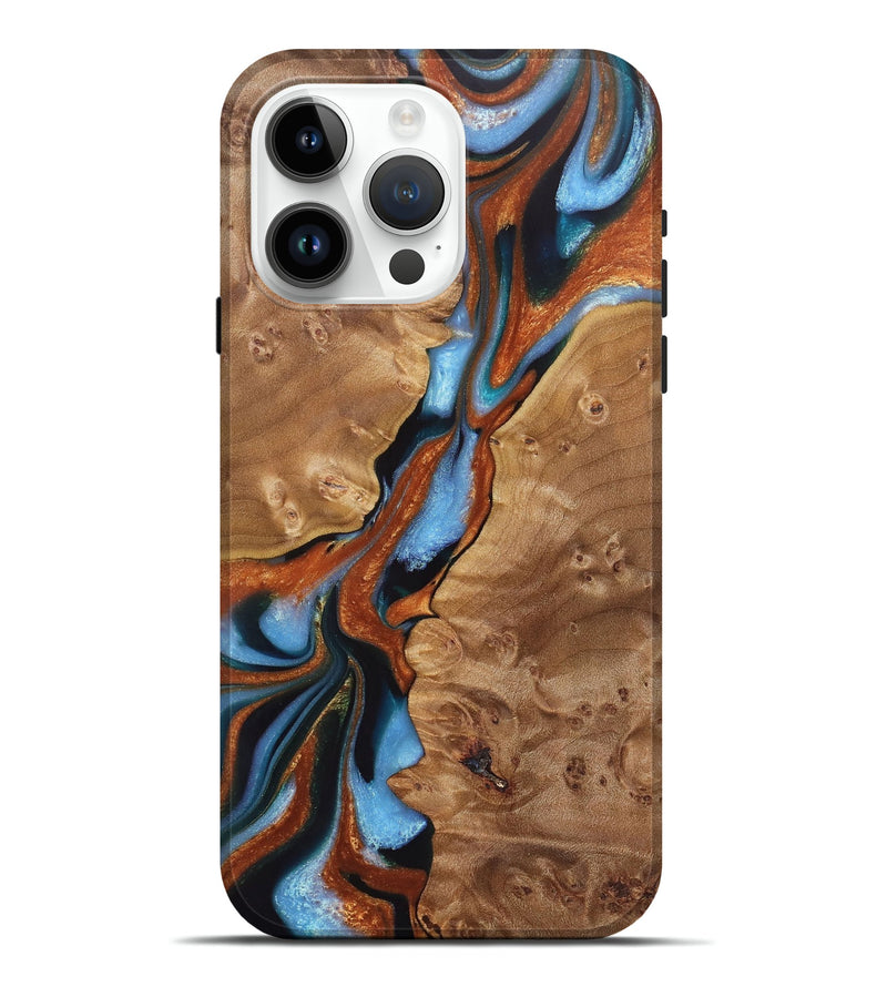 iPhone 15 Pro Max Wood+Resin Live Edge Phone Case - Stephen (Teal & Gold, 721185)