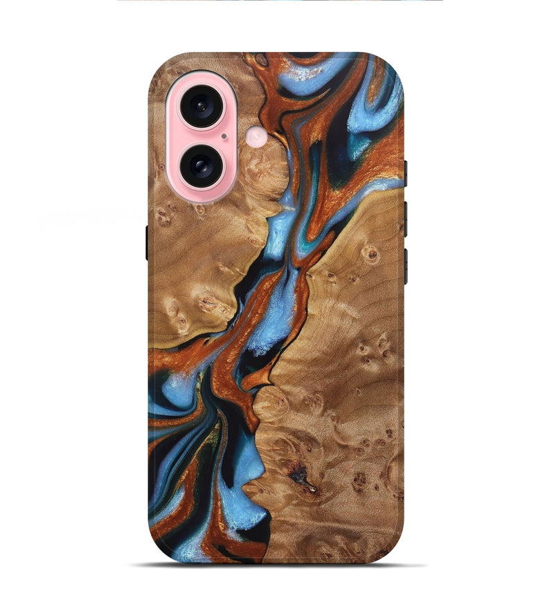 iPhone 16 Wood+Resin Live Edge Phone Case - Stephen (Teal & Gold, 721185)