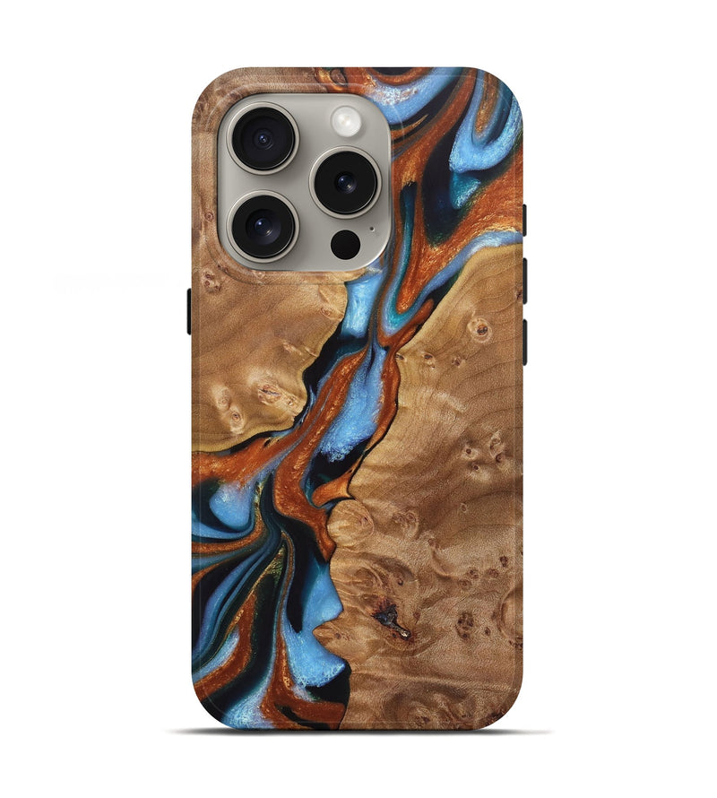 iPhone 16 Pro Wood+Resin Live Edge Phone Case - Stephen (Teal & Gold, 721185)