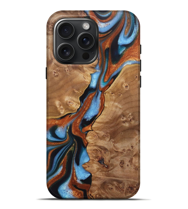 iPhone 16 Pro Max Wood+Resin Live Edge Phone Case - Stephen (Teal & Gold, 721185)