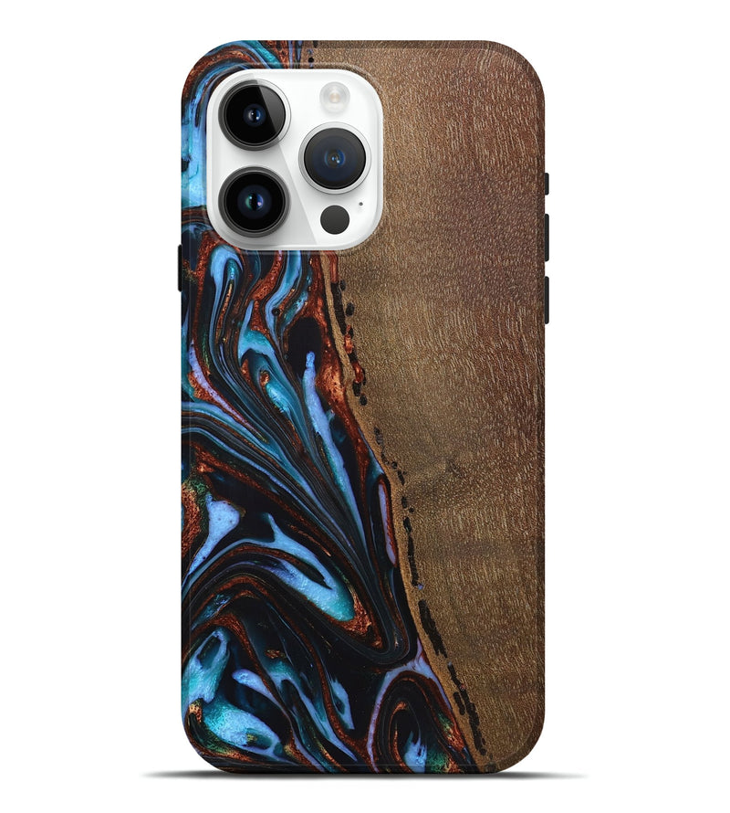 iPhone 15 Pro Max Wood+Resin Live Edge Phone Case - Journey (Teal & Gold, 721186)