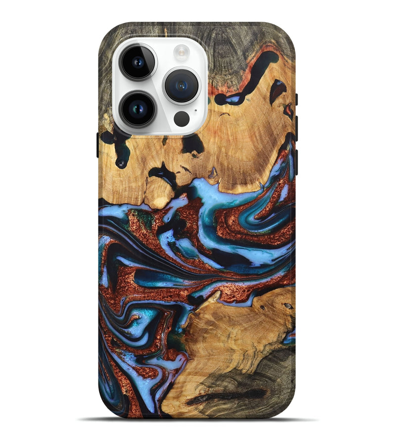 iPhone 15 Pro Max Wood+Resin Live Edge Phone Case - Toby (Teal & Gold, 721187)