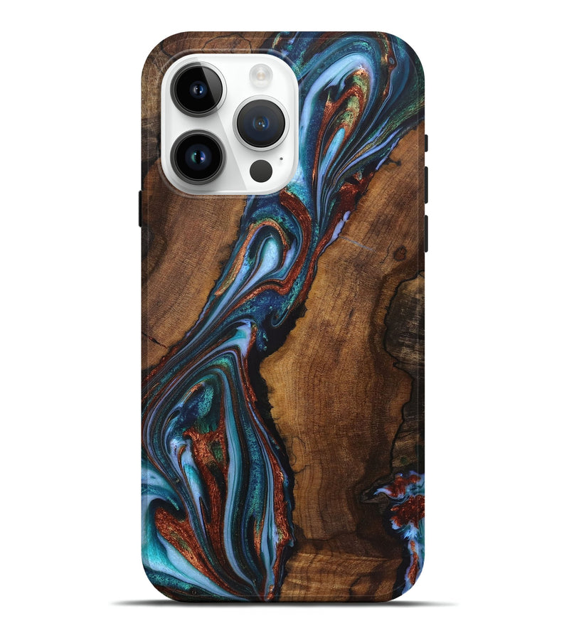 iPhone 15 Pro Max Wood+Resin Live Edge Phone Case - Hector (Teal & Gold, 721188)