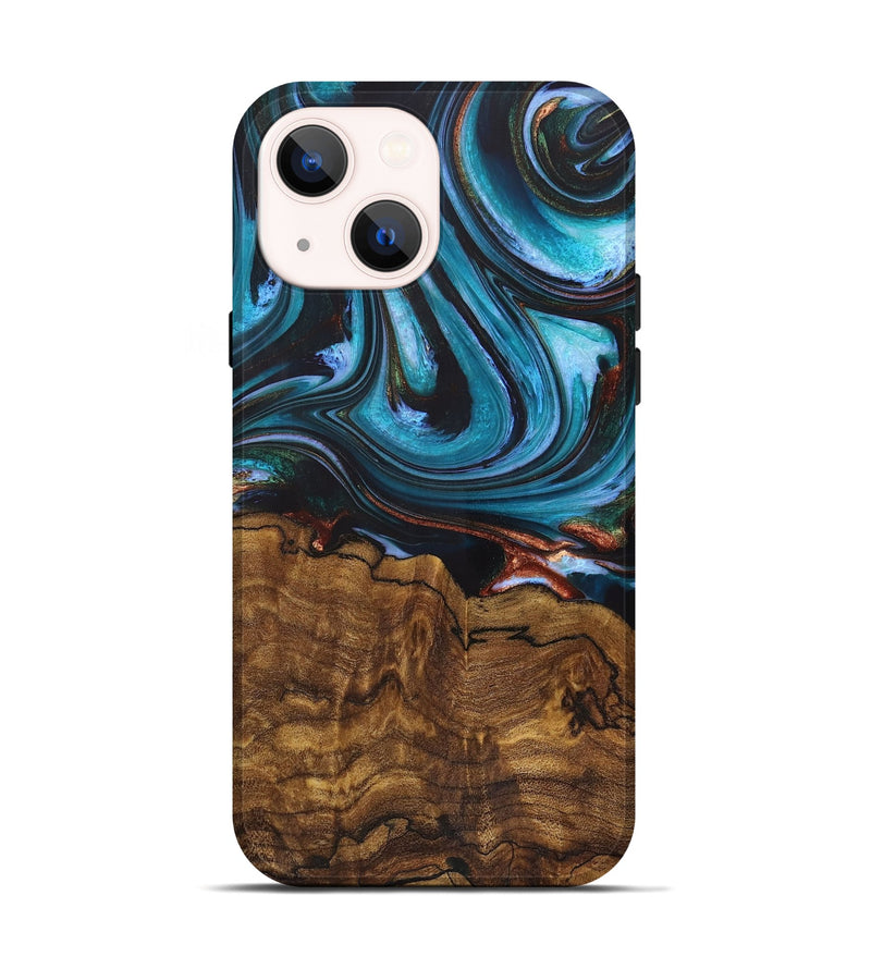 iPhone 14 Wood+Resin Live Edge Phone Case - Chester (Teal & Gold, 721189)