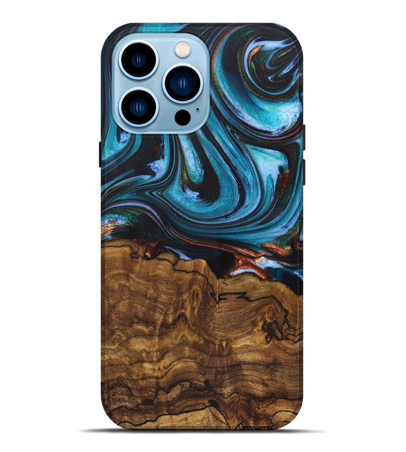 iPhone 14 Pro Max Wood+Resin Live Edge Phone Case - Chester (Teal & Gold, 721189)