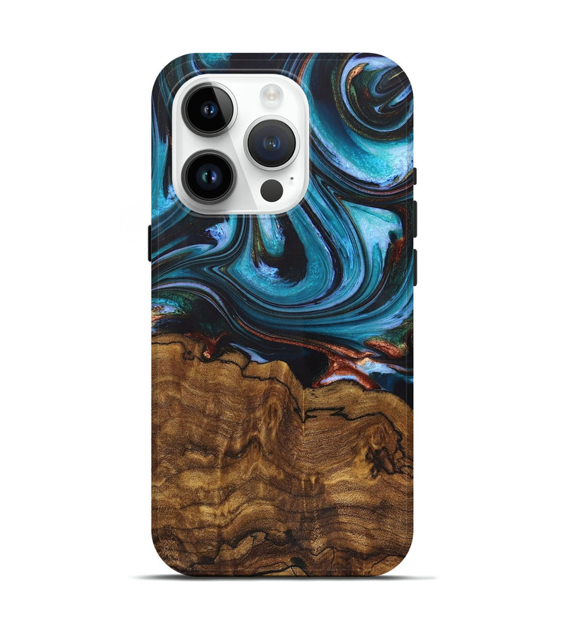 iPhone 15 Pro Wood+Resin Live Edge Phone Case - Chester (Teal & Gold, 721189)