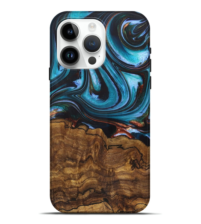 iPhone 15 Pro Max Wood+Resin Live Edge Phone Case - Chester (Teal & Gold, 721189)