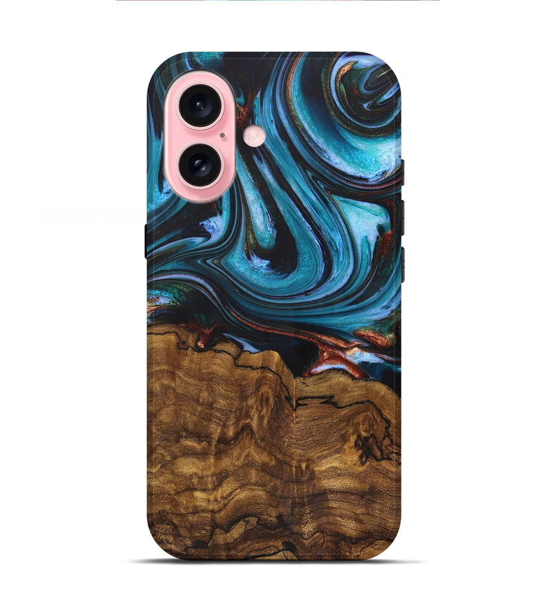 iPhone 16 Wood+Resin Live Edge Phone Case - Chester (Teal & Gold, 721189)