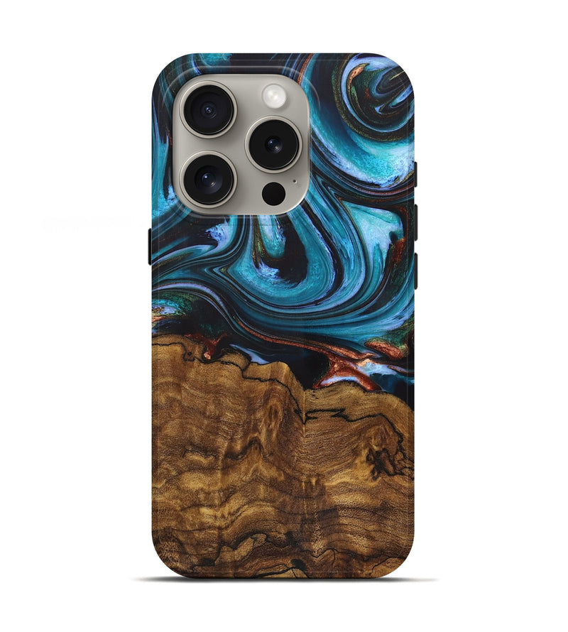 iPhone 16 Pro Wood+Resin Live Edge Phone Case - Chester (Teal & Gold, 721189)