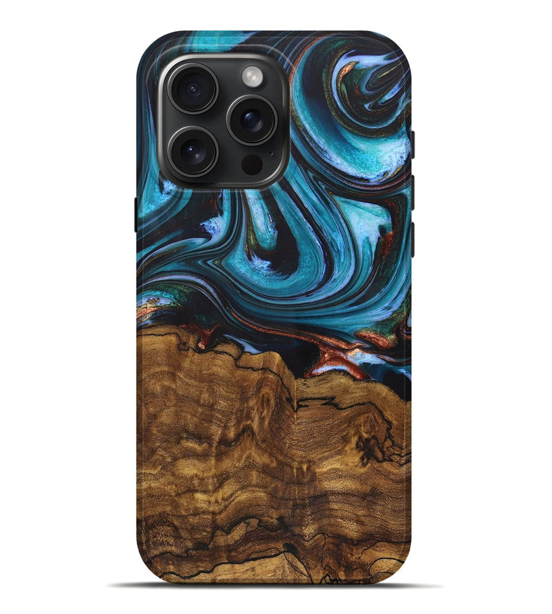 iPhone 16 Pro Max Wood+Resin Live Edge Phone Case - Chester (Teal & Gold, 721189)