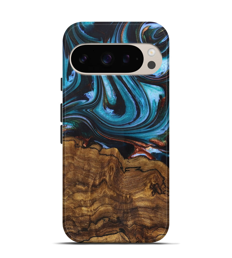 Pixel 9 Wood+Resin Live Edge Phone Case - Chester (Teal & Gold, 721189)