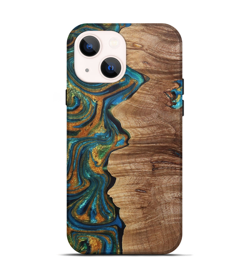 iPhone 14 Wood+Resin Live Edge Phone Case - Arya (Teal & Gold, 721190)