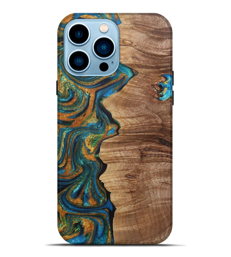 iPhone 14 Pro Max Wood+Resin Live Edge Phone Case - Arya (Teal & Gold, 721190)