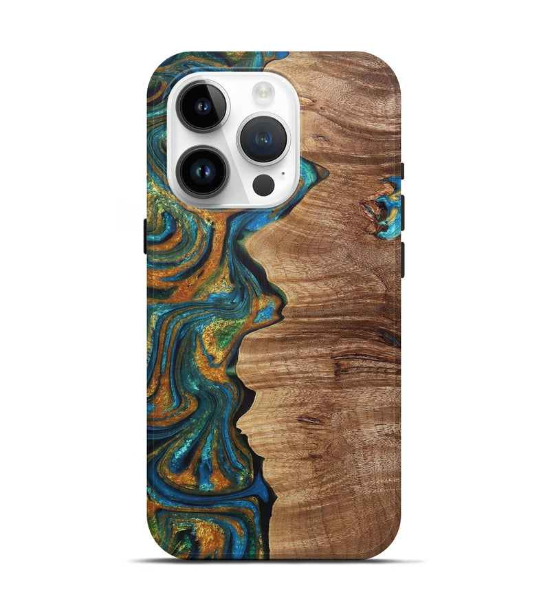 iPhone 15 Pro Wood+Resin Live Edge Phone Case - Arya (Teal & Gold, 721190)