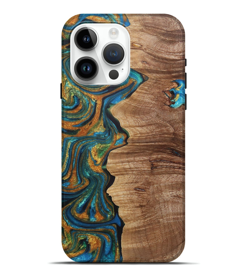 iPhone 15 Pro Max Wood+Resin Live Edge Phone Case - Arya (Teal & Gold, 721190)