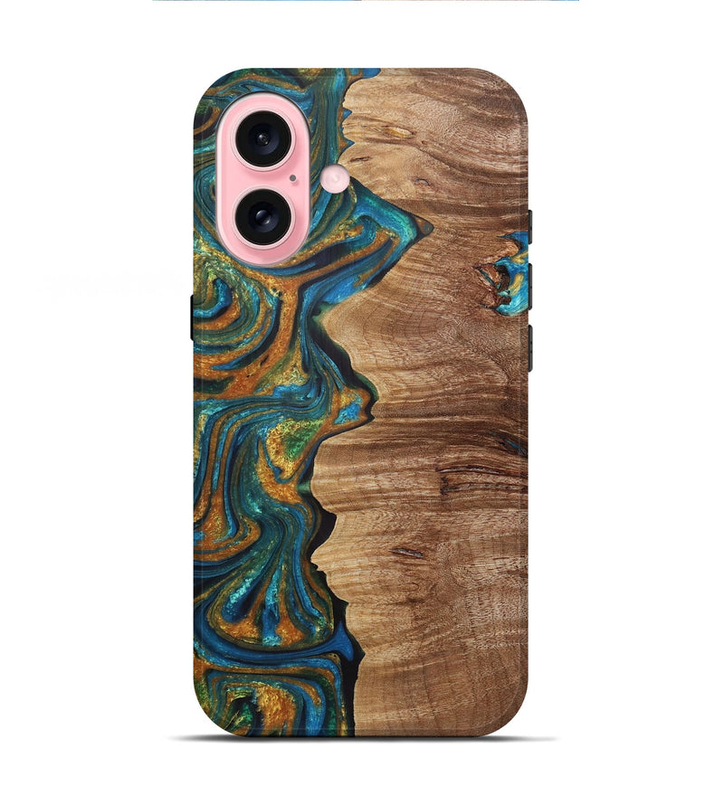 iPhone 16 Wood+Resin Live Edge Phone Case - Arya (Teal & Gold, 721190)