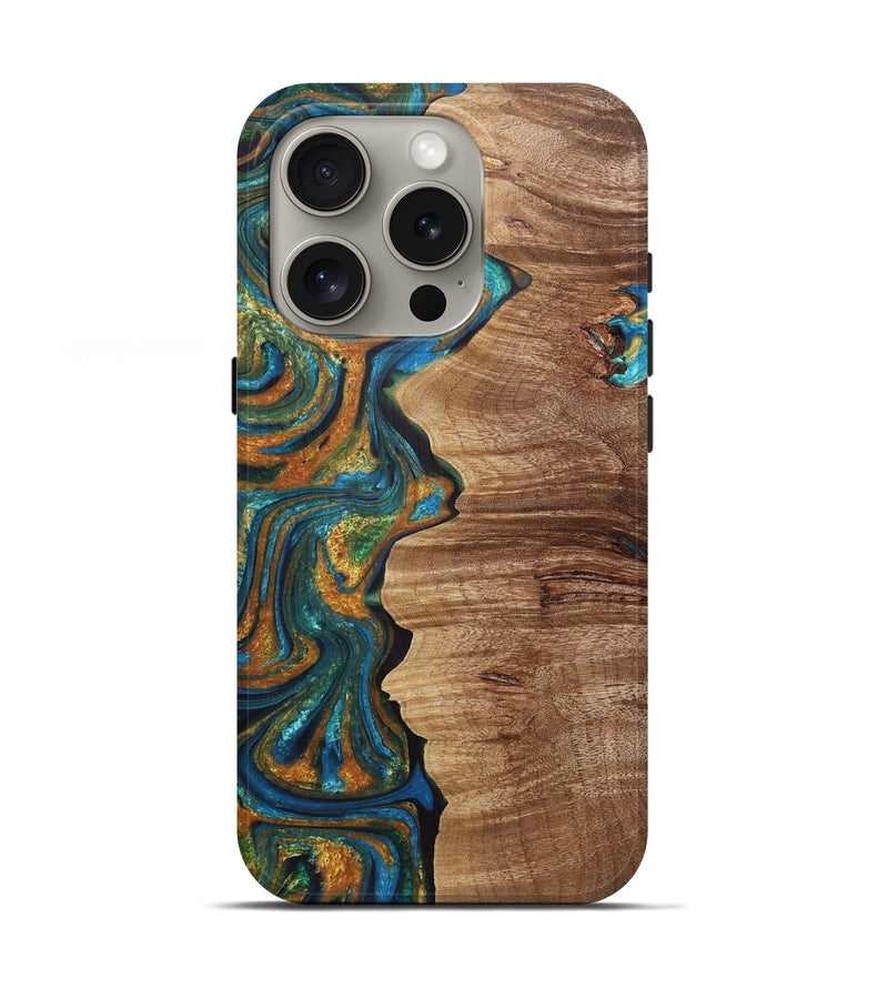 iPhone 16 Pro Wood+Resin Live Edge Phone Case - Arya (Teal & Gold, 721190)