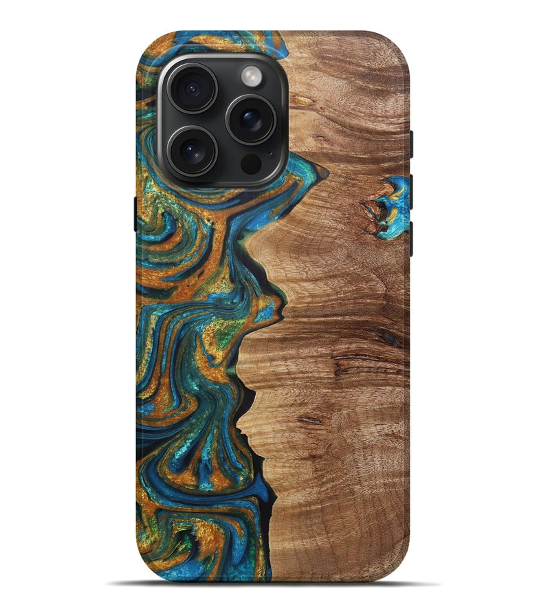 iPhone 16 Pro Max Wood+Resin Live Edge Phone Case - Arya (Teal & Gold, 721190)