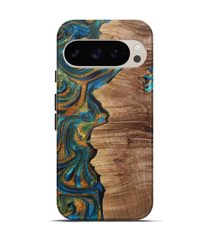 Pixel 9 Wood+Resin Live Edge Phone Case - Arya (Teal & Gold, 721190)