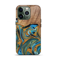 iPhone 13 Pro Wood+Resin Live Edge Phone Case - Tabatha (Teal & Gold, 721192)