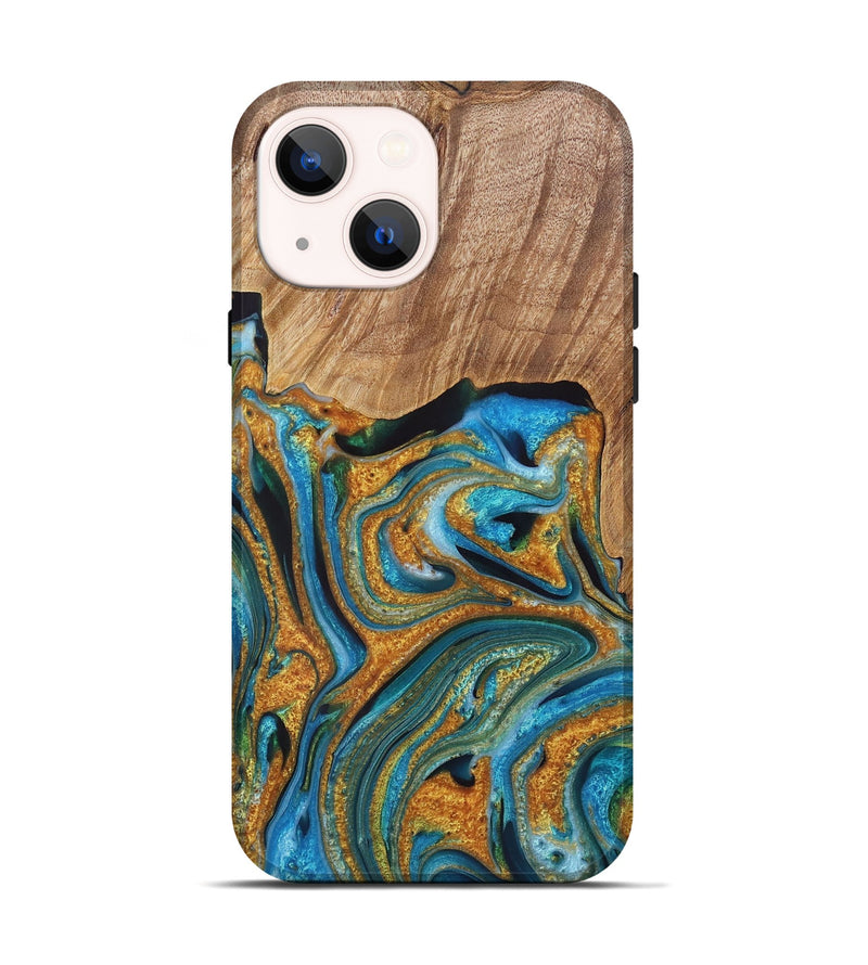 iPhone 14 Wood+Resin Live Edge Phone Case - Tabatha (Teal & Gold, 721192)