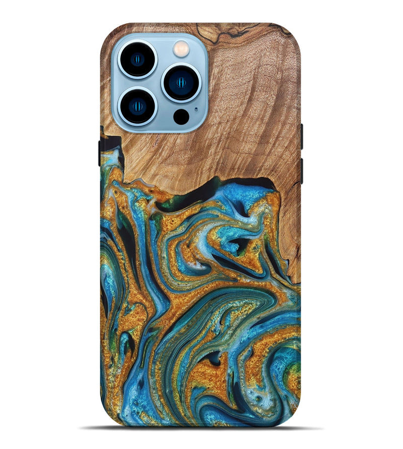 iPhone 14 Pro Max Wood+Resin Live Edge Phone Case - Tabatha (Teal & Gold, 721192)