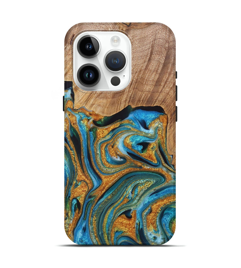 iPhone 15 Pro Wood+Resin Live Edge Phone Case - Tabatha (Teal & Gold, 721192)