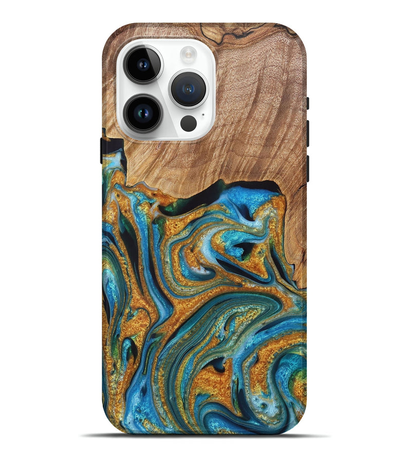 iPhone 15 Pro Max Wood+Resin Live Edge Phone Case - Tabatha (Teal & Gold, 721192)