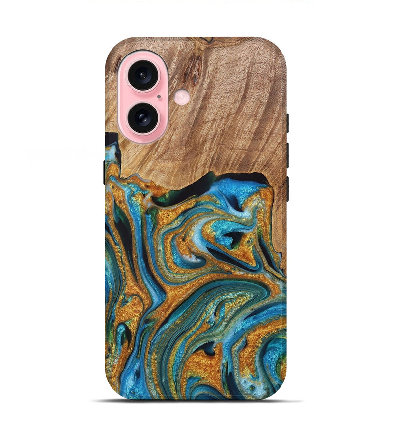 iPhone 16 Wood+Resin Live Edge Phone Case - Tabatha (Teal & Gold, 721192)