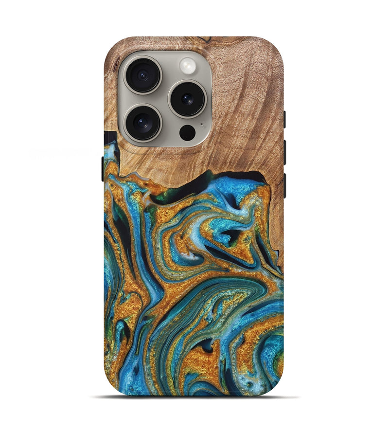 iPhone 16 Pro Wood+Resin Live Edge Phone Case - Tabatha (Teal & Gold, 721192)