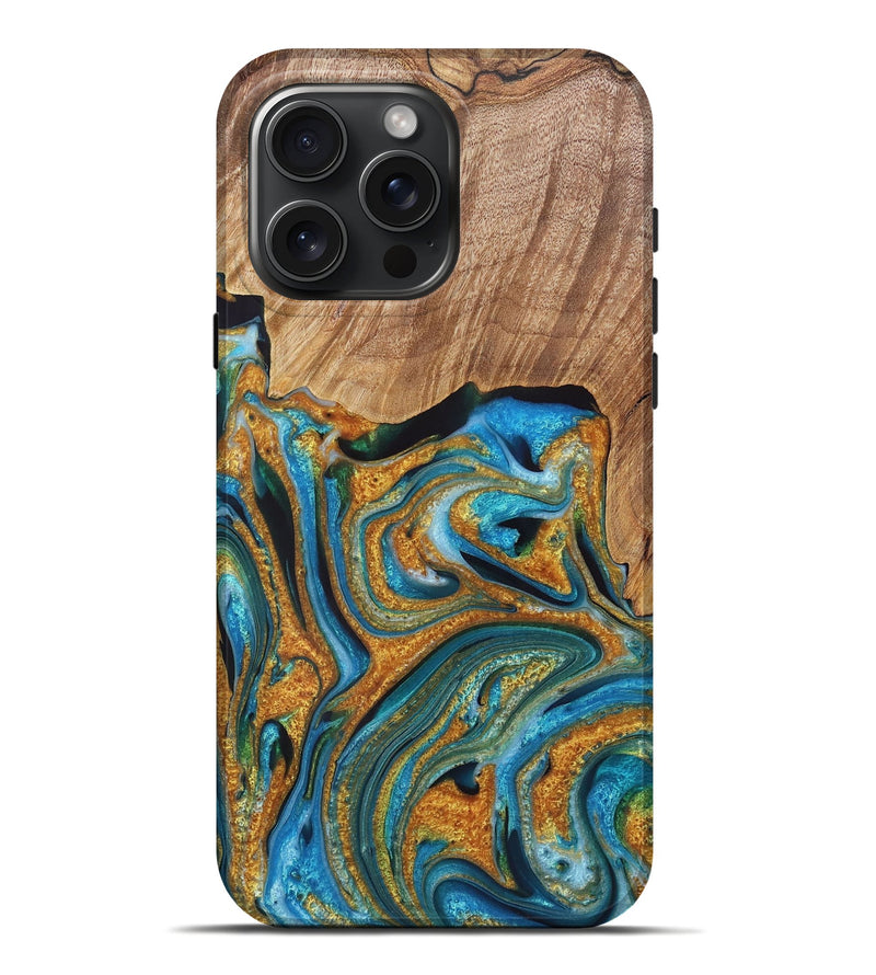 iPhone 16 Pro Max Wood+Resin Live Edge Phone Case - Tabatha (Teal & Gold, 721192)