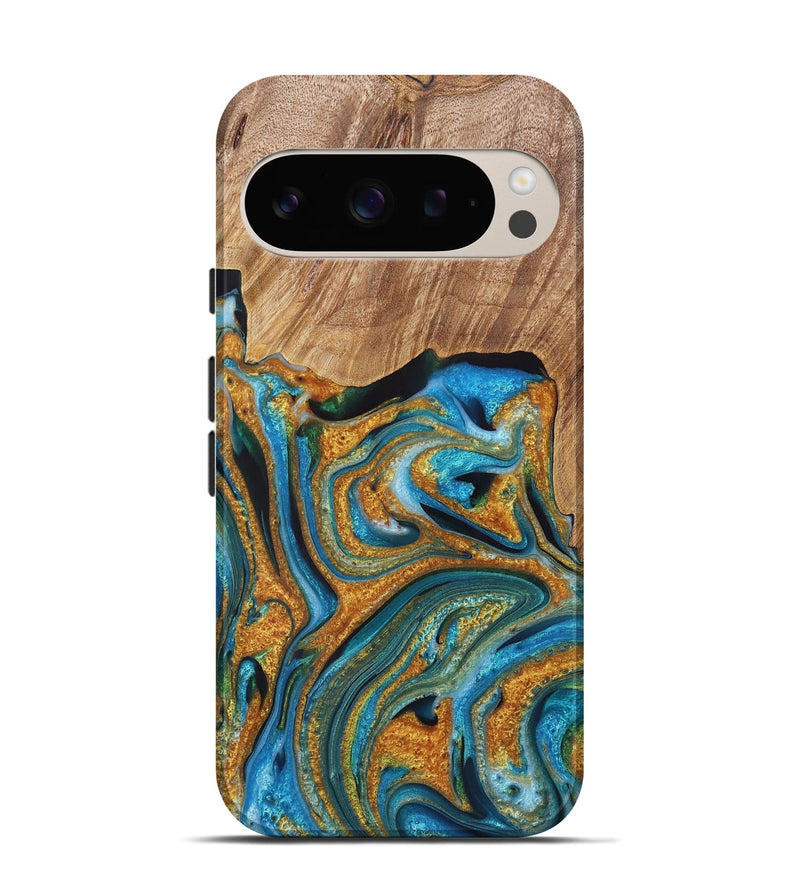 Pixel 9 Wood+Resin Live Edge Phone Case - Tabatha (Teal & Gold, 721192)