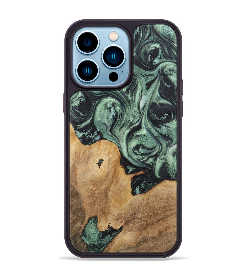 iPhone 14 Pro Max Wood+Resin Phone Case - Krystle (Green, 721529)