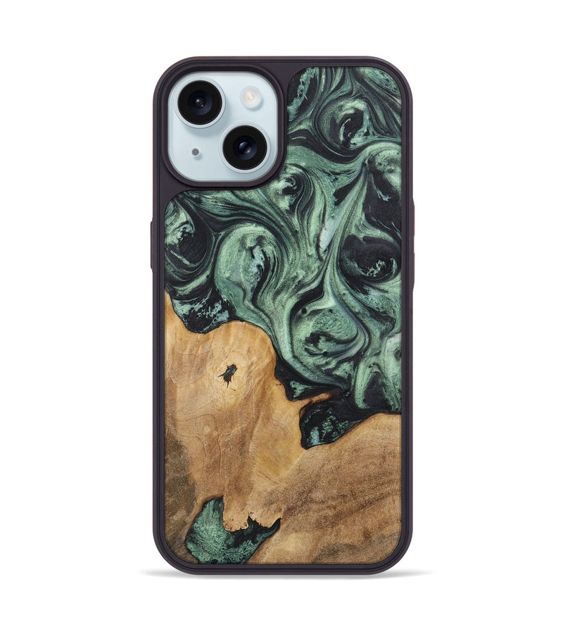 iPhone 15 Wood+Resin Phone Case - Krystle (Green, 721529)