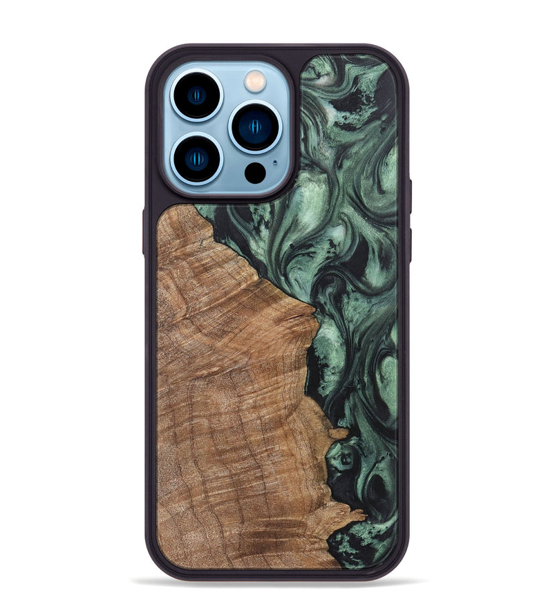 iPhone 14 Pro Max Wood+Resin Phone Case - Todd (Green, 721533)