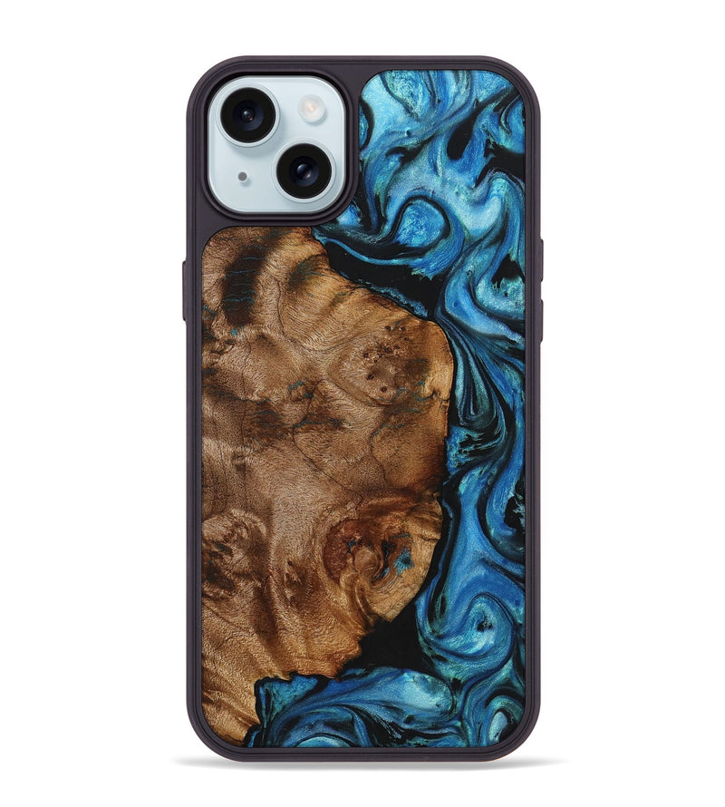 iPhone 15 Plus Wood+Resin Phone Case - Beatrice (Blue, 721635)