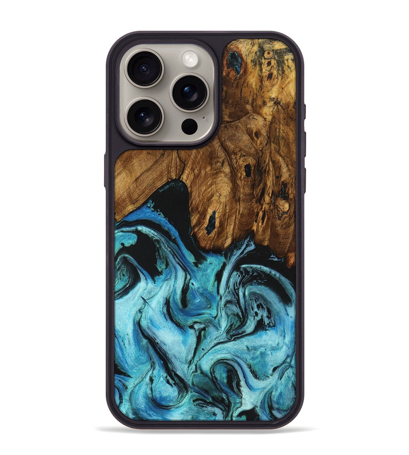 iPhone 15 Pro Max Wood+Resin Phone Case - Gerald (Blue, 721669)