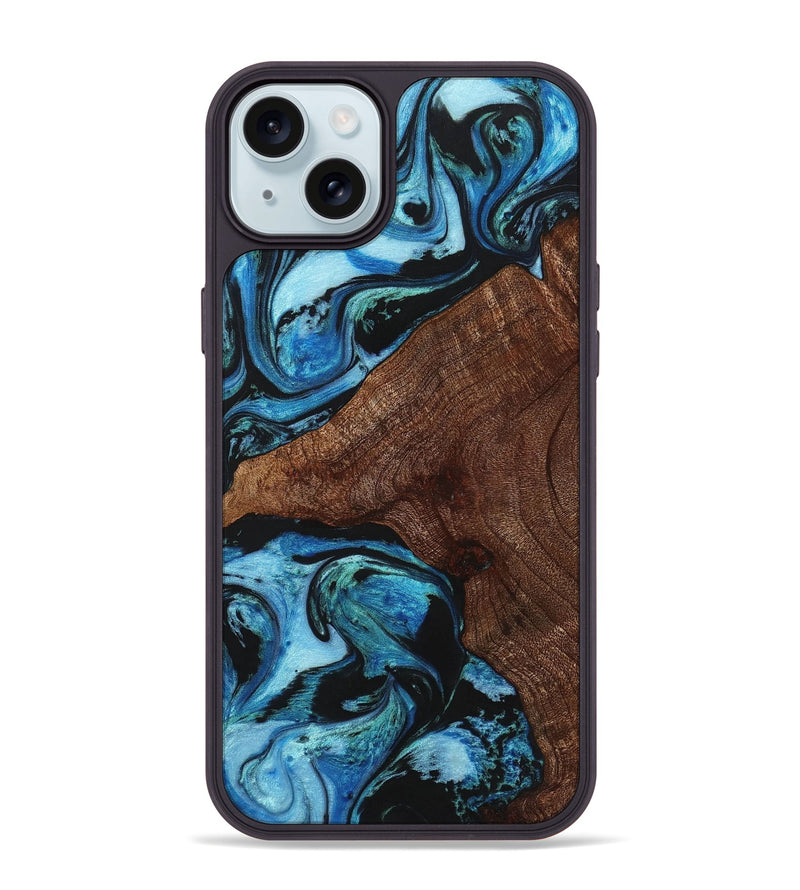 iPhone 15 Plus Wood+Resin Phone Case - Mercedes (Blue, 721679)