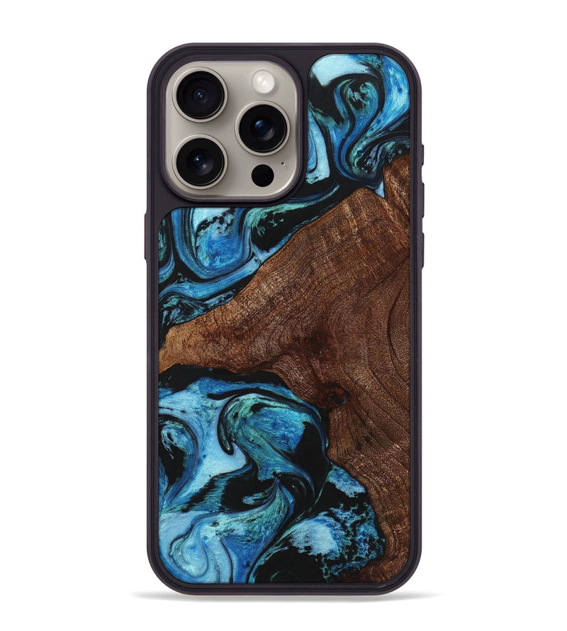 iPhone 15 Pro Max Wood+Resin Phone Case - Mercedes (Blue, 721679)