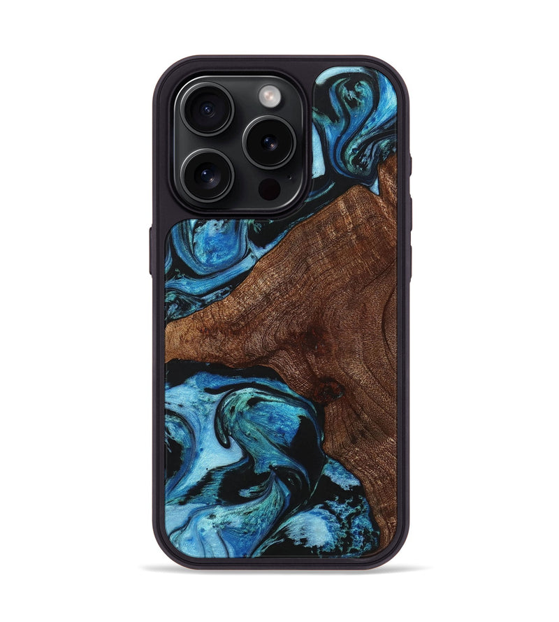 iPhone 15 Pro Wood+Resin Phone Case - Mercedes (Blue, 721679)