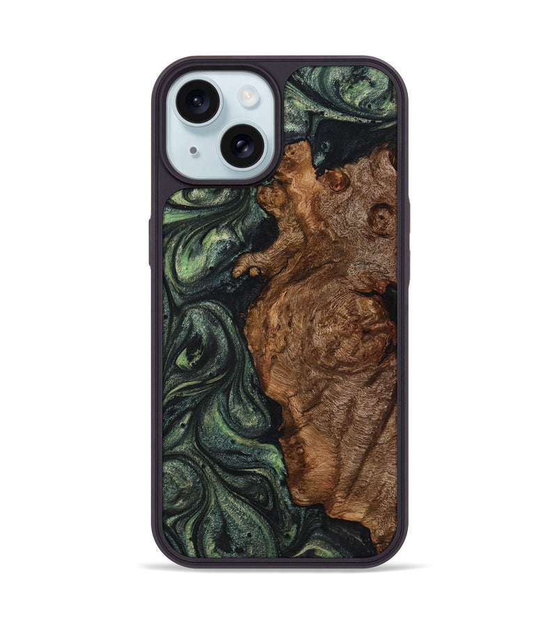 iPhone 15 Wood+Resin Phone Case - Hailee (Green, 721777)