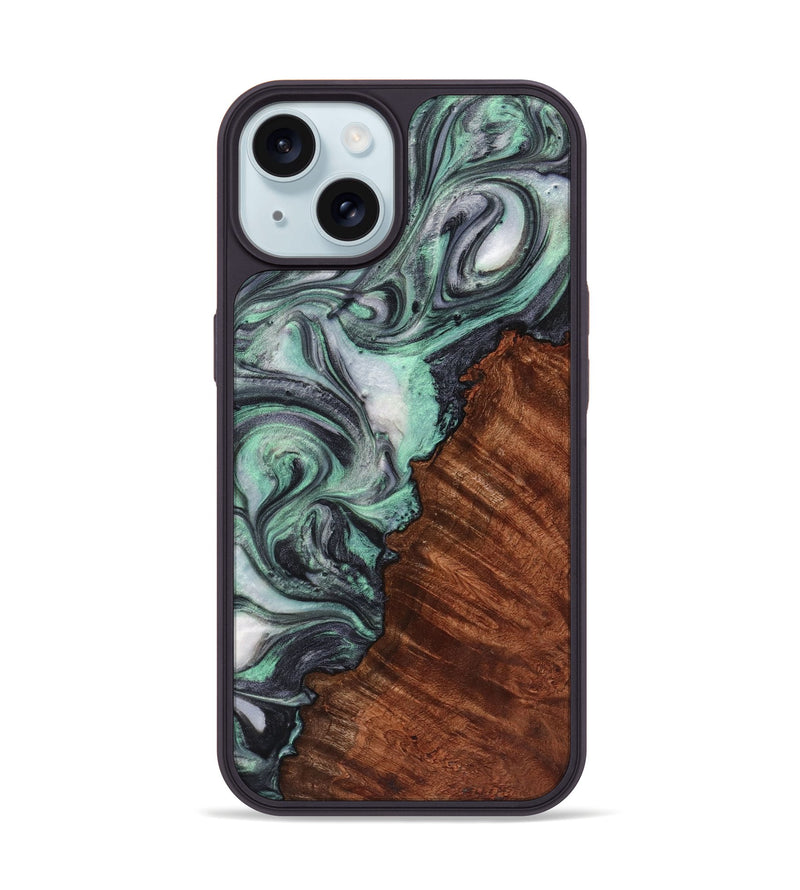 iPhone 15 Wood+Resin Phone Case - Lynn (Green, 721796)