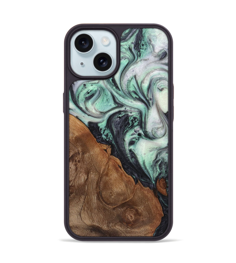 iPhone 15 Wood+Resin Phone Case - Ted (Green, 721801)